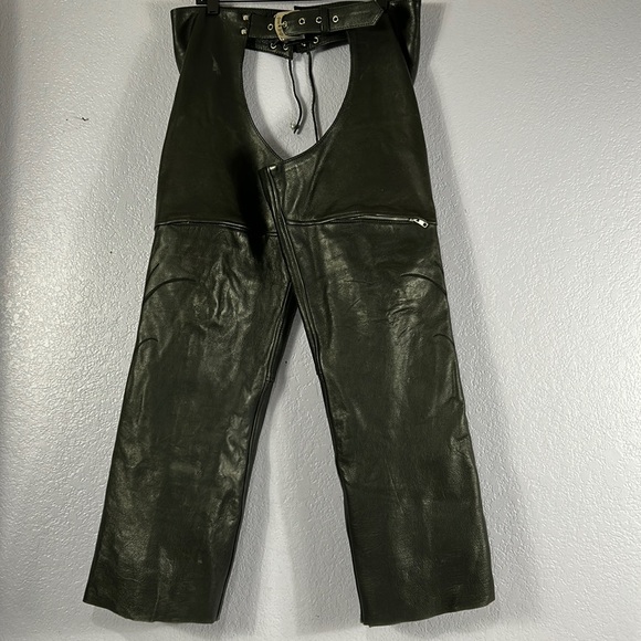 Power Trip Black Leather Motorcycle Chaps Size M - Picture 2 of 9